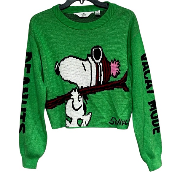 H&M Peanuts Snoopy Green Jacquard Knit Cropped Sweater “Vacay Mode" - Picture 1 of 10